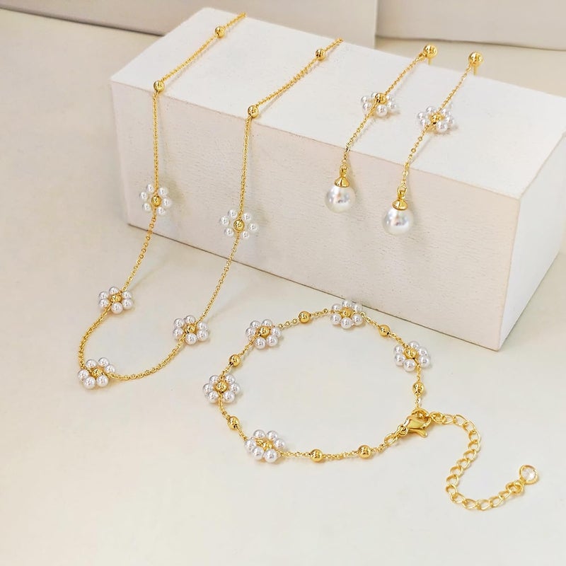 Zeffy Gold Pearl Necklace for Women, Dainty 14K Gold/Silve Plated Layered Pearl Choker Pearl Earrings Pearl Bracelets Wedding Trendy Gold Jewelry Set for Women Gifts - Image 5